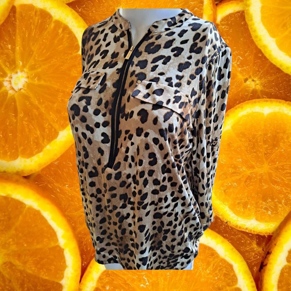 NWT Calvin Klein /2 Zip Leopard Print 3/4 Sleeve Blouse Size Small